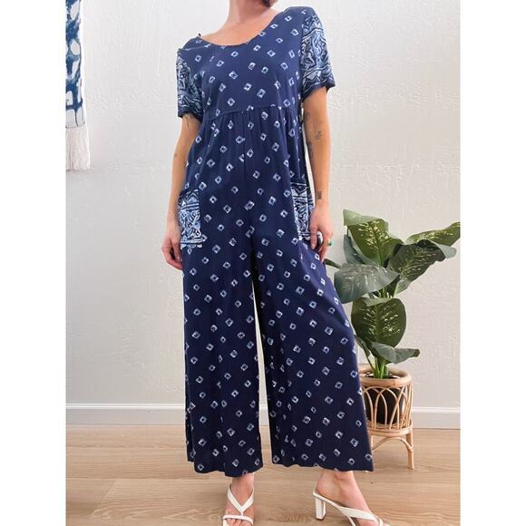 Vintage 90´s Blue Ikat Boho Printed Wide Leg Crop...